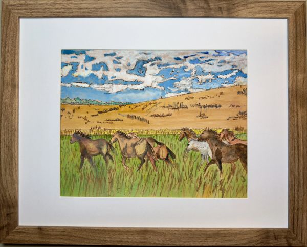 Painting of horses running through a grassy field under a vibrant sky.