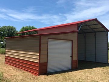Metal carport with enclosed storage and a roll-up door.