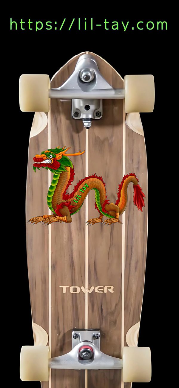 Wooden skateboard with a colourful dragon graphic and website lil-tay.com