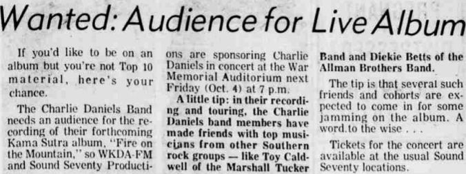 September 22, 1974: The Charlie Daniels Band, looking to get an audience for some live cuts on their