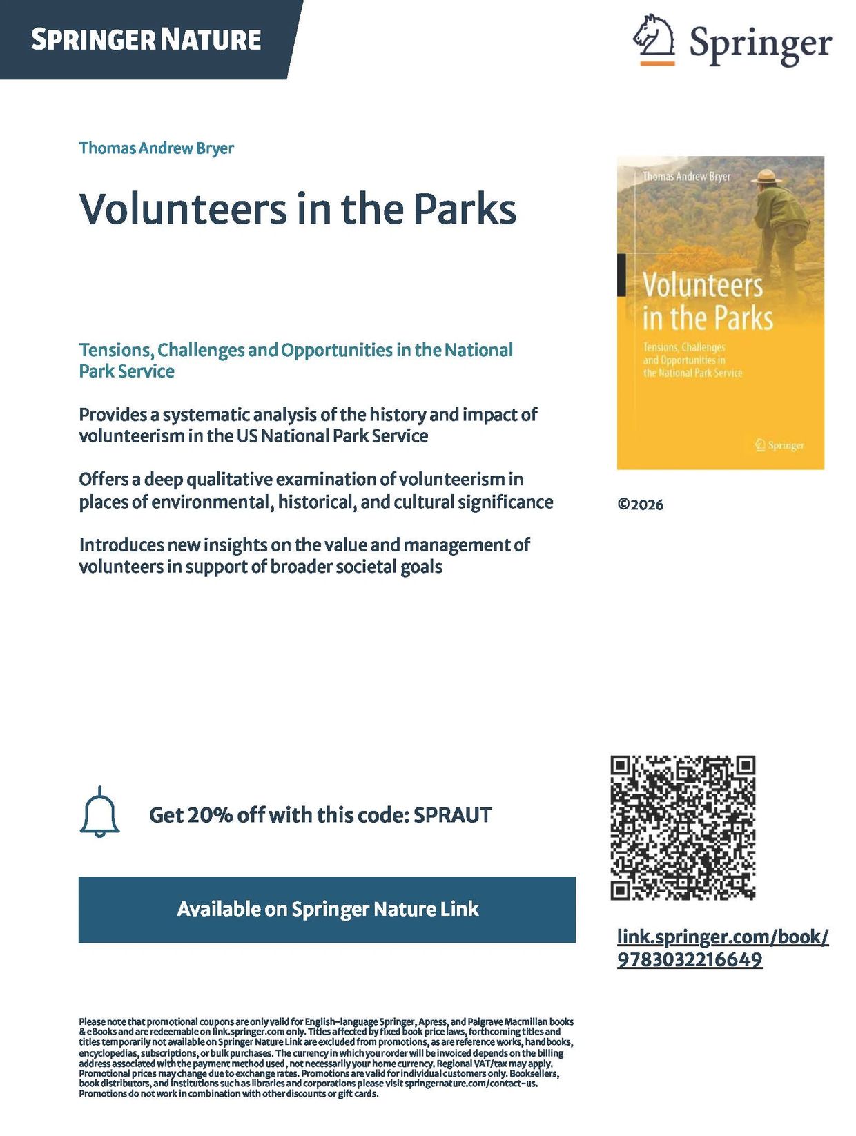 Book 'Volunteers in the Parks' by Thomas Andrew Bryer explores volunteerism in US National Parks.