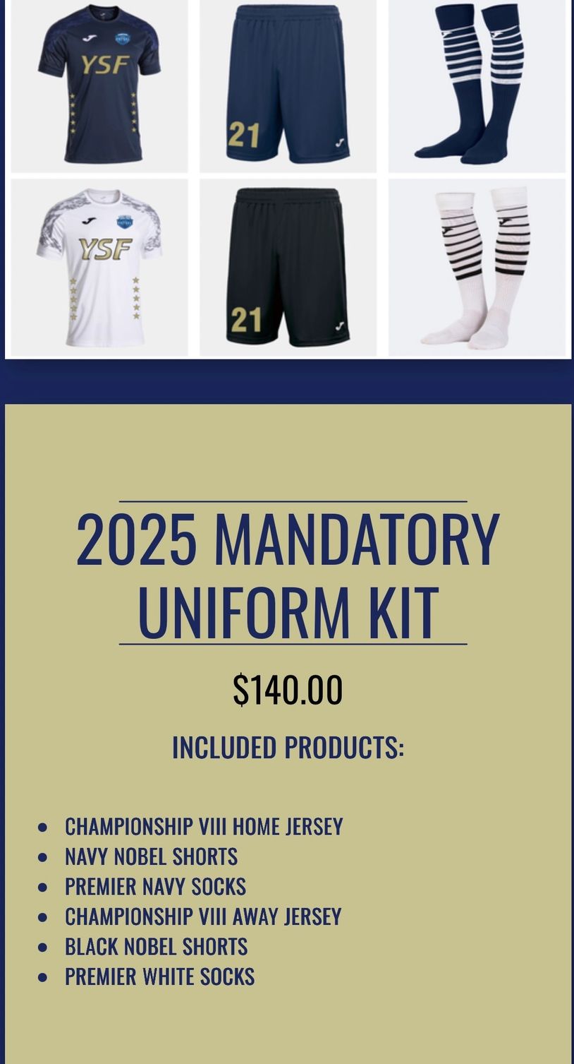 2025 mandatory uniform kit with jerseys, shorts, and socks for $140.