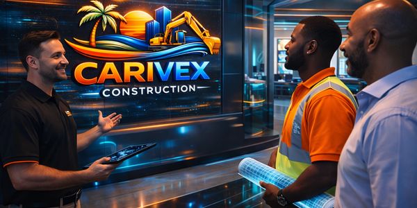 Three men discuss plans in front of a Carivex Construction logo.