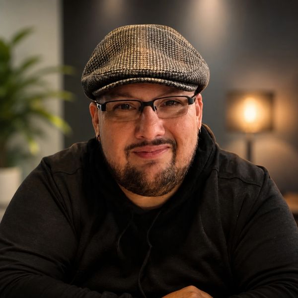Man wearing glasses and a plaid flat cap, smiling.