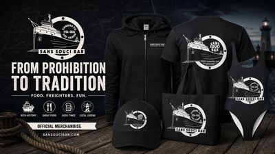 Merchandise for Sans Souci Bar featuring nautical and prohibition-era themes.