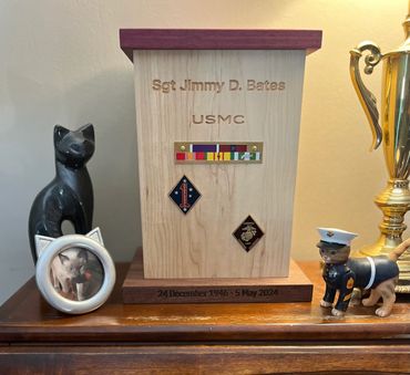 A wooden urn for a marine on a table