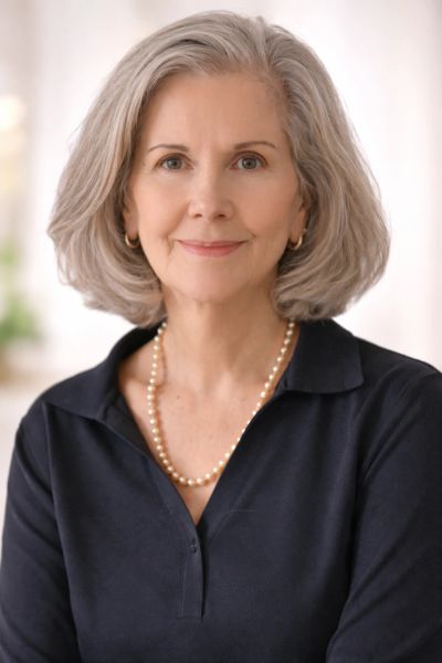 Portrait of an older woman with gray hair and pearl necklace.