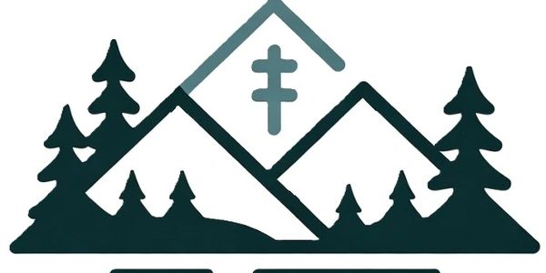 Minimalist mountain and pine tree logo design.