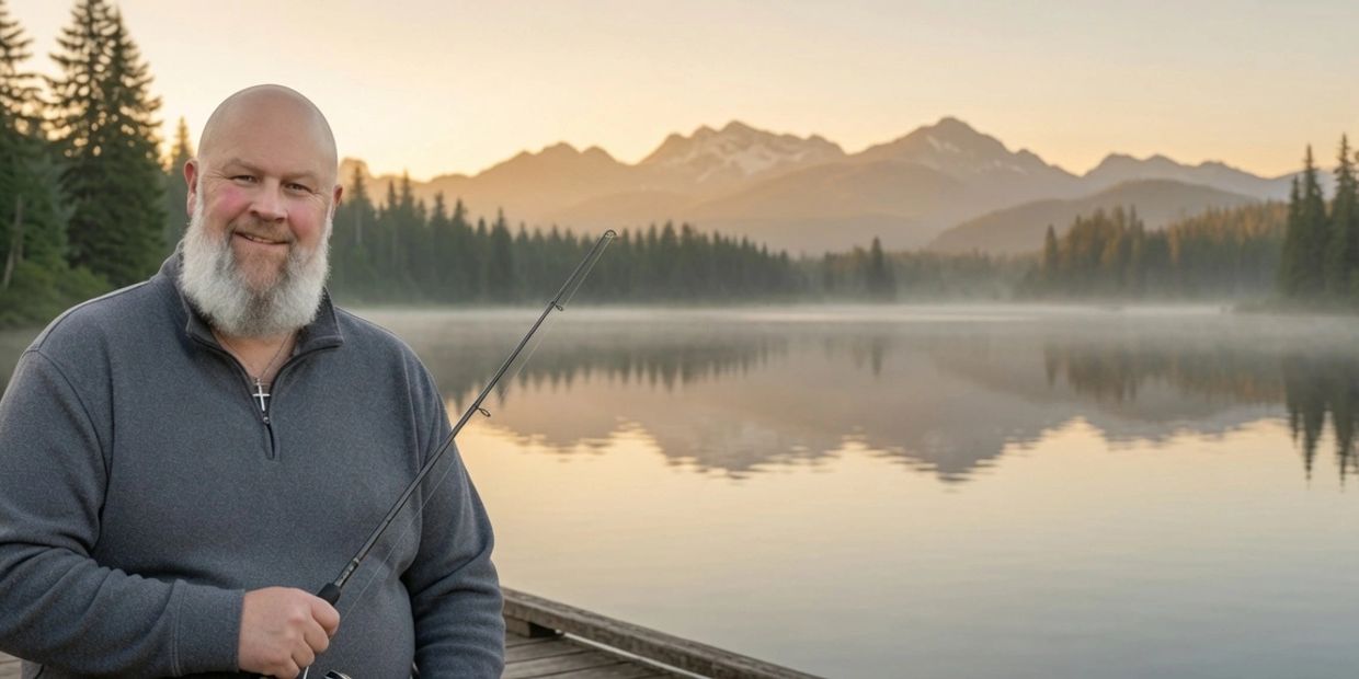 Smiling man fishing at a serene lake during sunrise with mountains in the background.