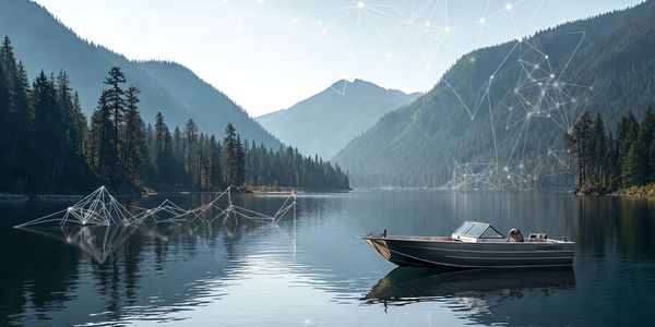 A boat floats peacefully on a lake surrounded by forested mountains.
