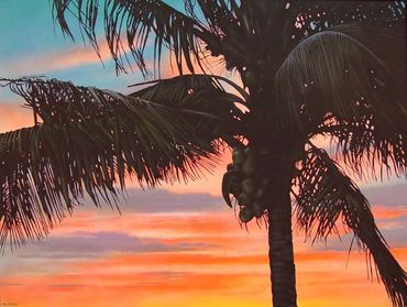 "Bardot Beach Sunset" in Great Harbor, Abaco Islands. Air-brush acrylic on canvas.