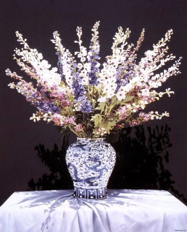 "Delphiniums in Chinese Vase", Air-brush acrylic on canvas.