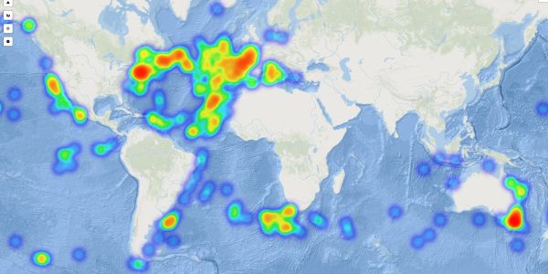 Heatmap showing hotspot clusters over global oceans, focused on northern Atlantic.
