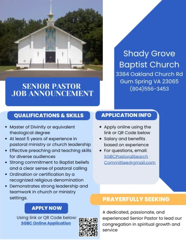 Senior Pastor job announcement at Shady Grove Baptist Church in Gun Spring, VA.