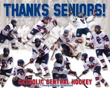 Collage of senior hockey players with 'Thanks Seniors!' message.