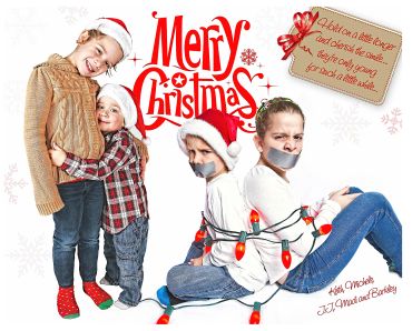 Funny Christmas photo with kids and taped mouths.