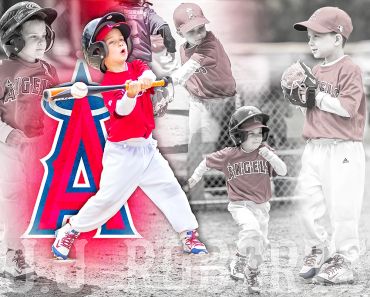 Young kid playing baseball with Angels logo in background.