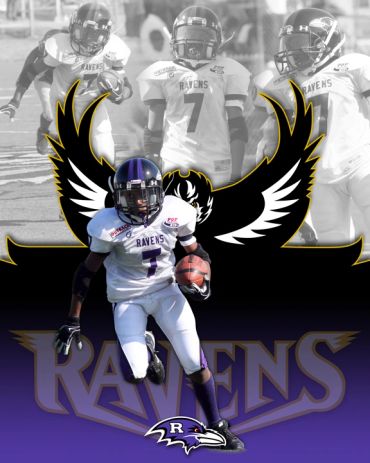Football player in Ravens uniform with team logo and graphic background.