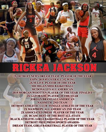 Rickea Jackson basketball collage with achievements.