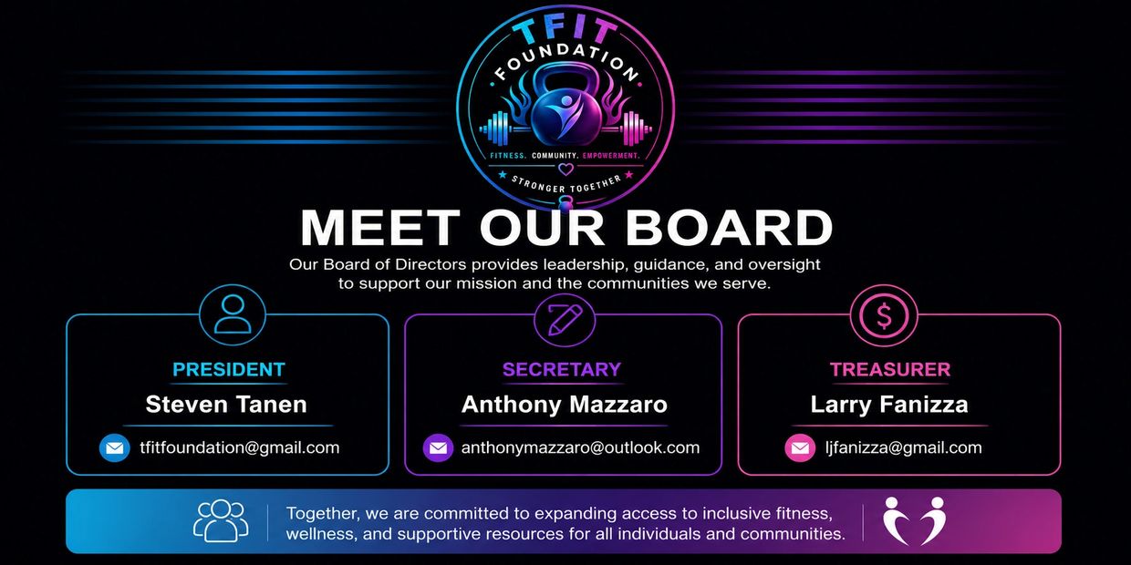 TFIT Foundation board members with contact info for president, secretary, and treasurer.