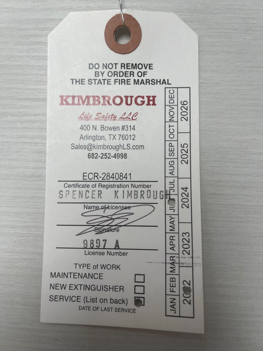 Kimbrough inspection tag-front
