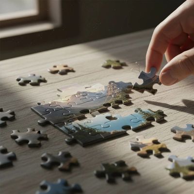 Hand working on puzzle pieces on table