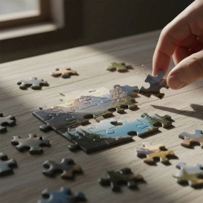 Hand placing a blue puzzle piece on a nearly completed nature puzzle.
