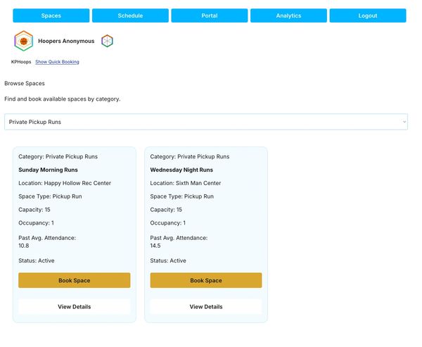 Booking page for private pickup basketball runs with two available sessions.