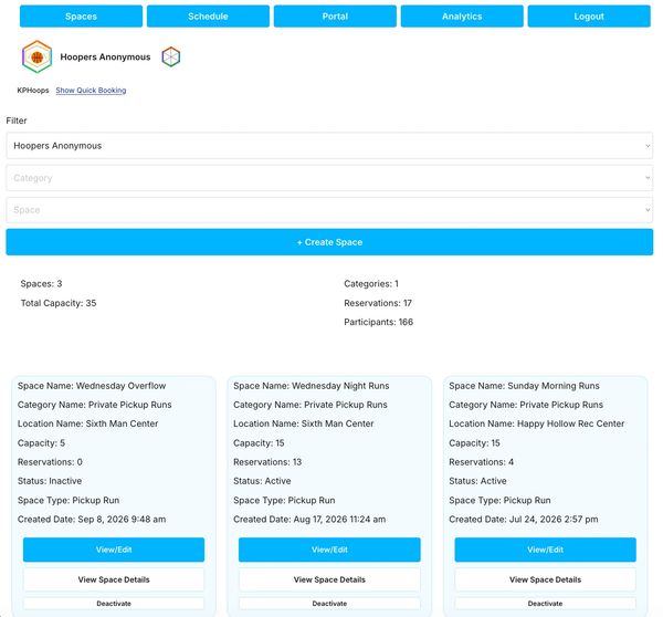 Dashboard showing spaces and reservations for Hoopers Anonymous pickup runs.