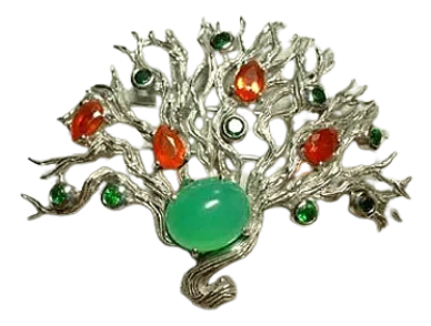 18kt White Gold Brooch
set with Tsavorite Garnet, 
Mexican Fire Opals 
& a Chrysoprase Cabochon