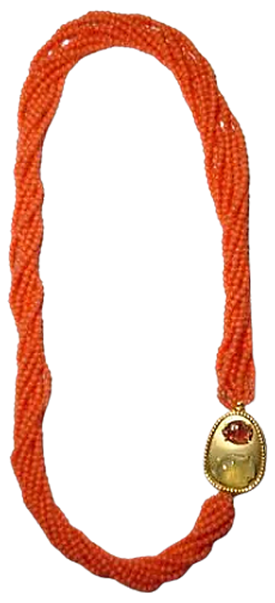 Pink Coral Torsade Necklace 
with an 18kt Gold Clasp set with  Carved Phrrenite and Carved Tourmalin