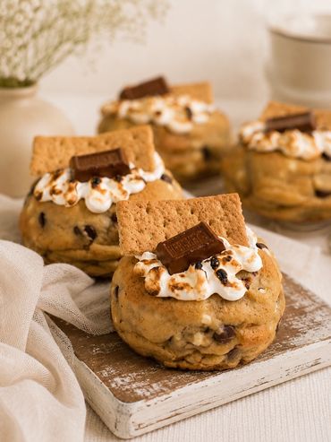 S'mores-inspired dessert cookies with toasted marshmallows, chocolate, and graham crackers.