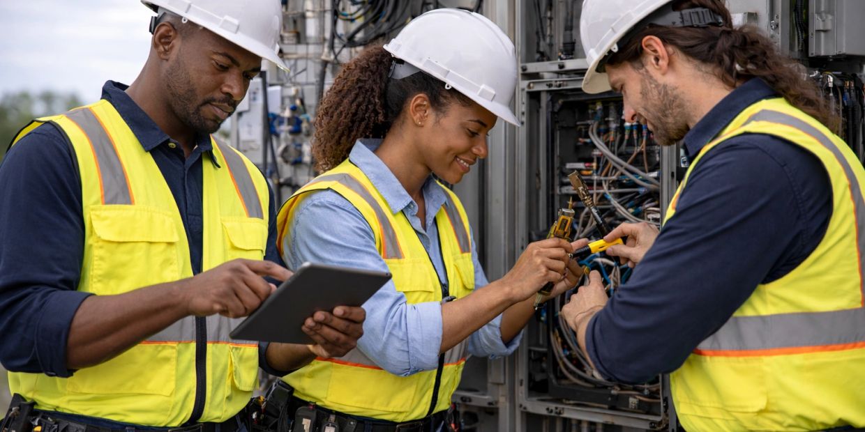 Three engineers working on electrical wiring with safety gear.