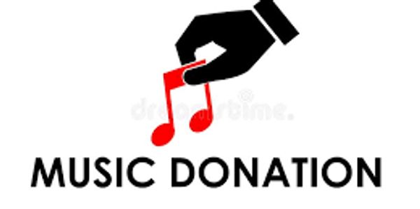 Hand holding red musical notes with text 'MUSIC DONATION'.