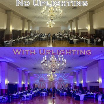 Comparison of a banquet hall without and with colorful uplighting enhancing the ambiance.