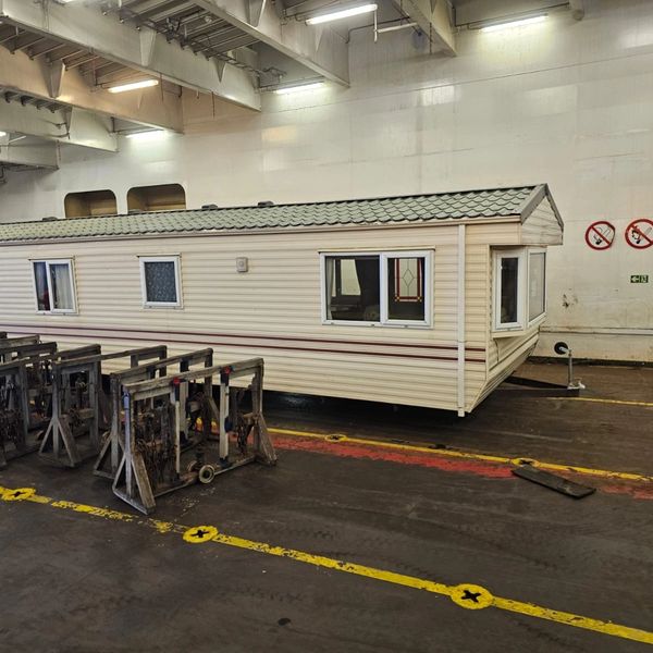 Caravan on a boat ready for it new home in Europe 