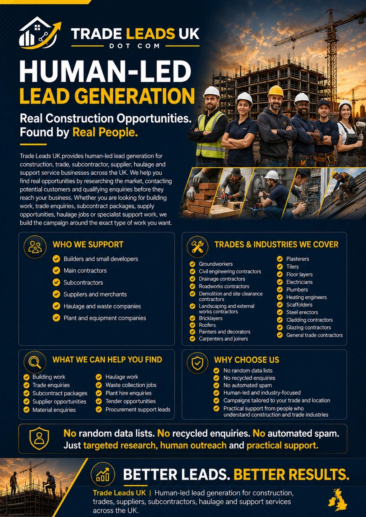 Trade Leads UK offers human-led lead generation for construction and trade businesses across the UK.