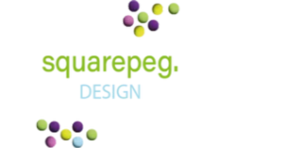 Wording Squarepeg Design green, pink, purple, yellow and blue circles grouped top right of words and