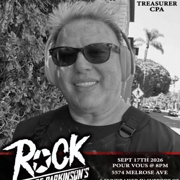 Smiling man wearing sunglasses and headphones outdoors with event details for Rock Parkinson's.