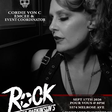 Black and white photo of a woman with event details.