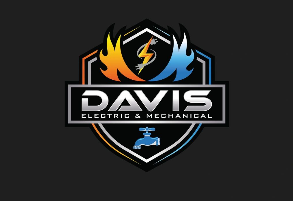 The Davis Electric & Mechanical logo showcases the company's commitment to HVAC, electrical, and plumbing services. The shield design incorporates fire and ice elements for heating and cooling, a lightning bolt for electrical work, and a water faucet for plumbing, reflecting the full range of residential and commercial services offered by the company.