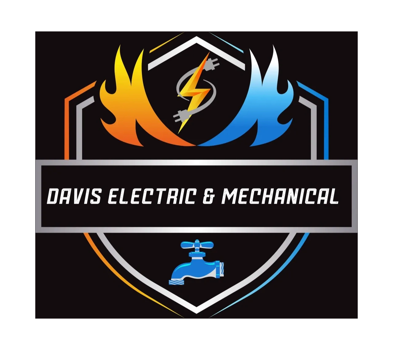 Logo for Davis Electric & Mechanical with fire, electricity, and water symbols.