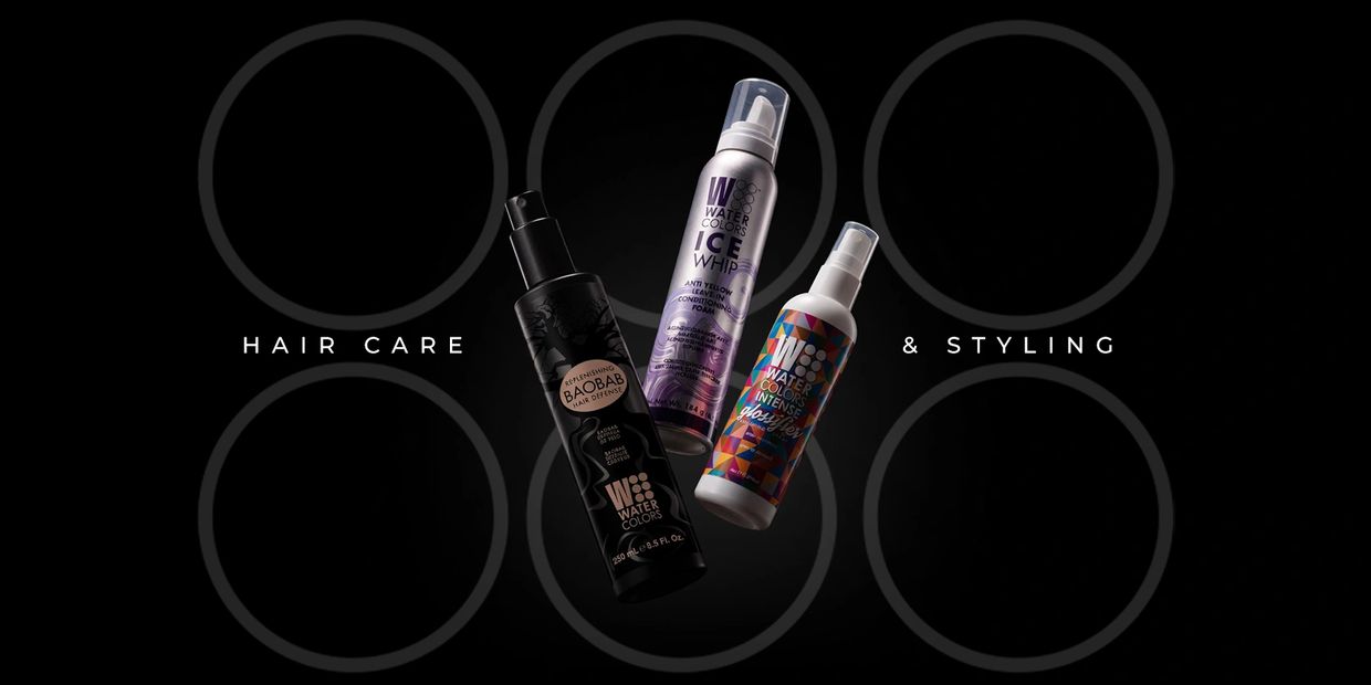 Three hair care and styling products from Water Colors on a black background.