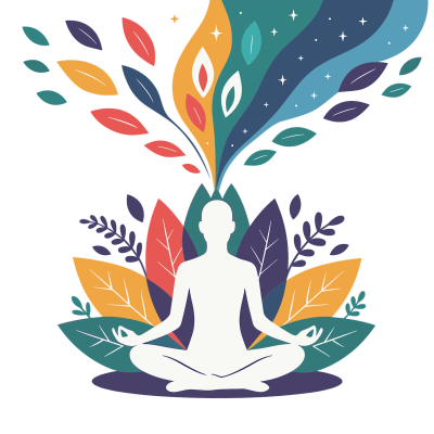 Silhouette meditating with colorful leaves and spiritual energy flowing upwards.