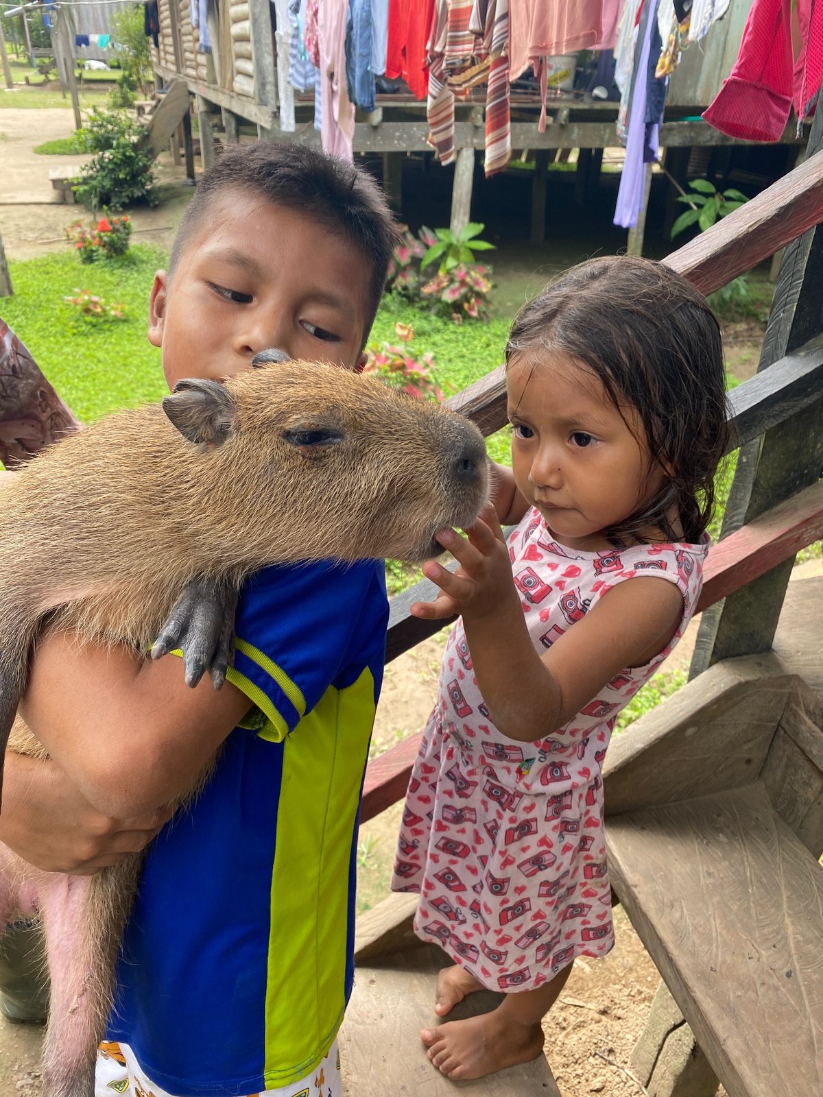 Two children gently interacting with a capybara outdoors.