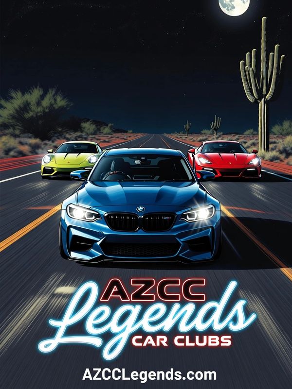 High-performance cars racing under a full moon on an open desert road.