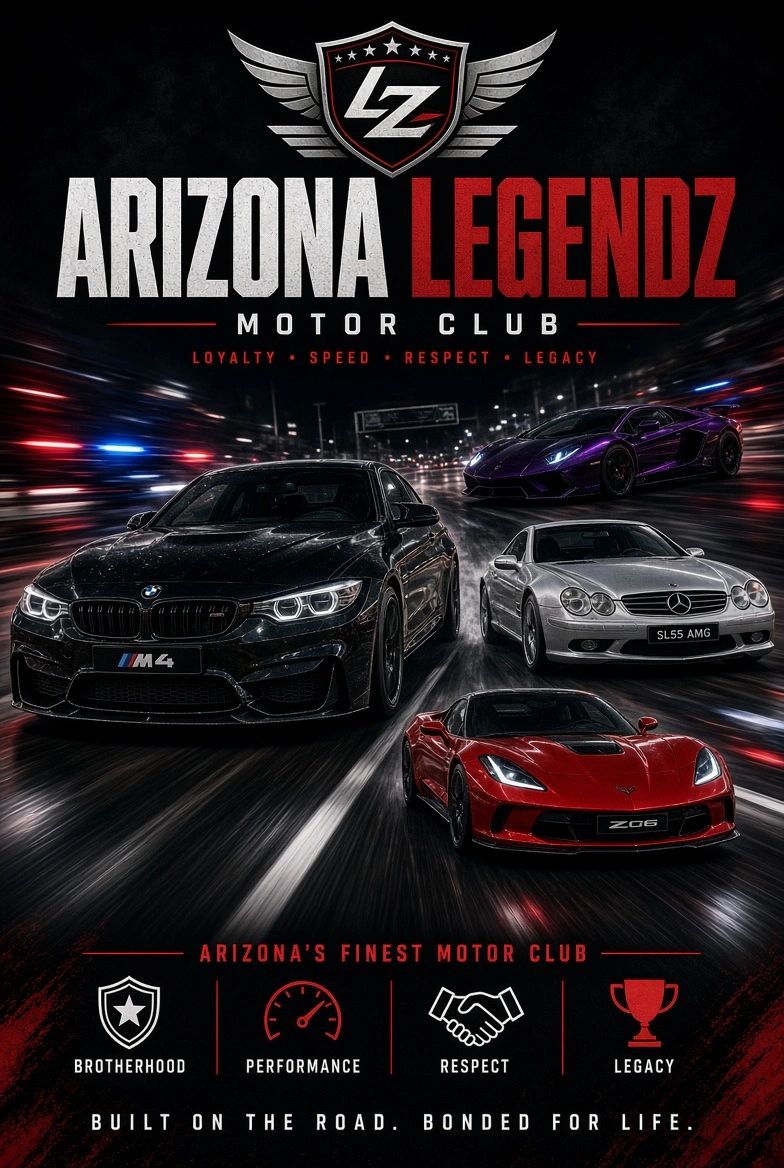 Arizona Legendz Motor Club poster featuring luxury cars.