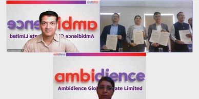 Two men in a virtual meeting with Ambidience logo background, and four men holding documents.