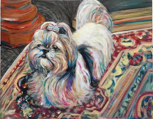 STEPHANIE MIKULSKI ACRYLIC PAINTING OF PEBBLES OUR GALLERY DOG