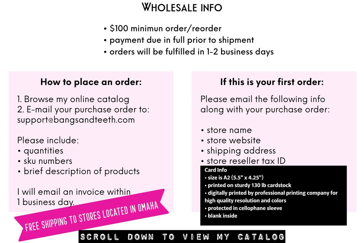 Wholesale order instructions with minimum order, payment, and contact details.